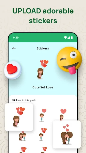 Stickers feature in messaging app showing Cute Set Love sticker pack with emoji and romantic themed designs