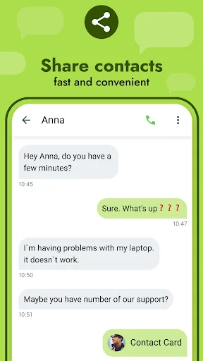 Share contacts conversation in Messages app with Anna including contact card sharing functionality