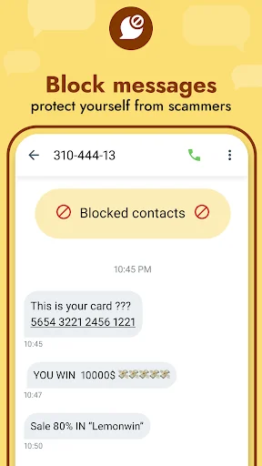 Block messages spam protection in SMS app showing blocked number 310-444-13 with scam texts