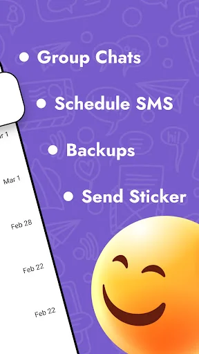 Group Chats, Schedule SMS, Backups, and Send Sticker features list in Messages texting app interface