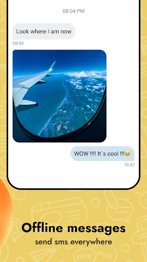 Offline messages feature in SMS app showing conversation with photo attachment of airplane view
