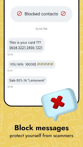Block messages feature protecting from spam texts with blocked contacts notification in SMS app