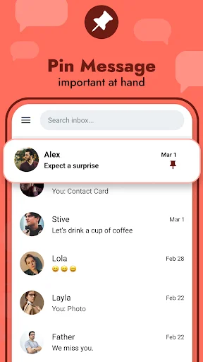 Pin Message inbox view in messaging app with Alex conversation pinned at top of contact list
