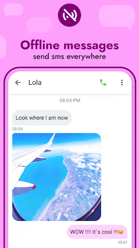 Offline messages SMS feature showing Lola conversation with airplane photo sent while offline