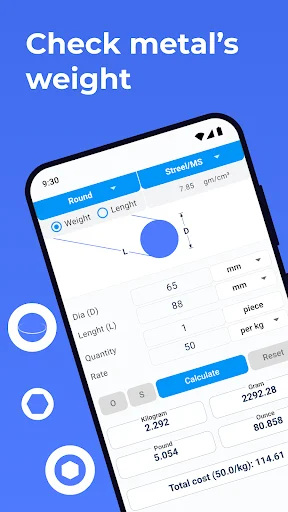 Metal Weight Calculator app showing round shape weight calculation with dimensions input and results in kg and grams