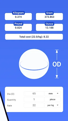 Metal weight calculation results displaying sphere shape with diameter input showing weight in kilograms, grams, pounds, and ounces