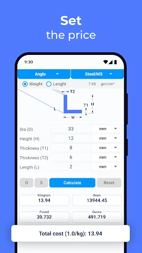 Metal Weight Calculator angle shape input screen showing dimension fields and price calculation with total cost display