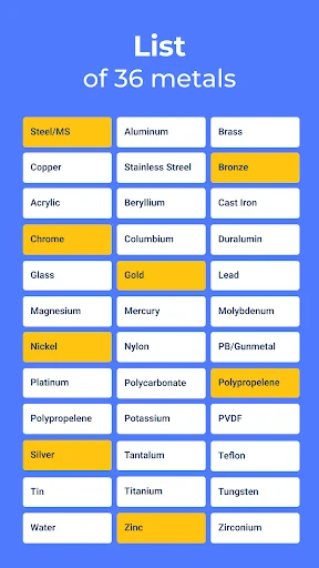 Metal selection grid showing 36 material options including steel, aluminum, brass, copper and other metals for weight calculation