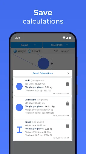 Saved calculations list showing previous metal weight calculations for gold, aluminum and steel with measurements and costs