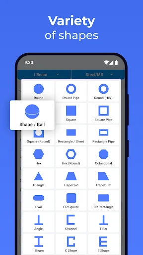 Shape selection menu displaying variety of geometric shapes including round, square, triangle, angle, I-beam and channel options