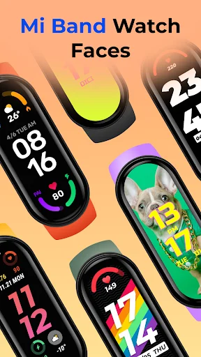 Mi Band Watch Faces app showing colorful digital watch face designs for Xiaomi Band 6 and 7 customization