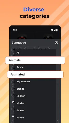 Category browser showing diverse watch face themes including Animals, Anime, Animated, and Nature