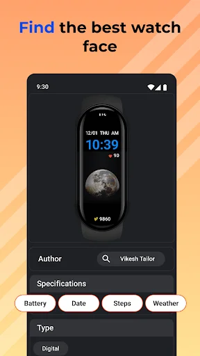 Mi Band watch face detail screen with moon theme showing author search and specification filters