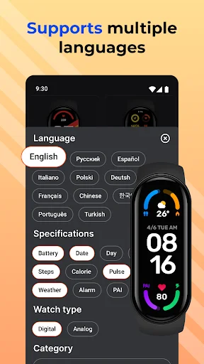 Mi Band app language selection menu supporting English, Spanish, Polish, Turkish and multiple languages