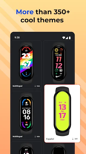 Mi Band themes gallery showcasing 350+ watch face designs with multilingual support and preview