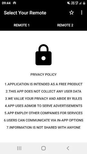 Privacy Policy screen detailing data usage, collection practices, and AdMob advertisement implementation