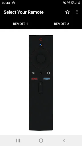 Mi TV Remote Controller app displaying Remote 2 with voice control, Mi button, and streaming service shortcuts