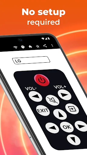 No setup required smartphone app showing LG remote interface with power, volume, and quick access buttons