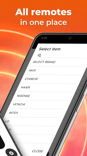 All remotes in one place - dropdown menu listing supported brands including AKAI, Haier, Hisense, Hitachi, Intex, and LG