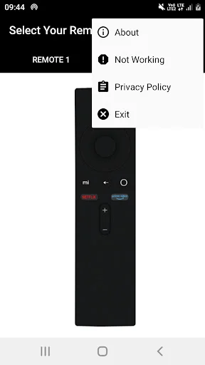 App menu overlay displaying options for About, Not Working troubleshooting, Privacy Policy, and Exit