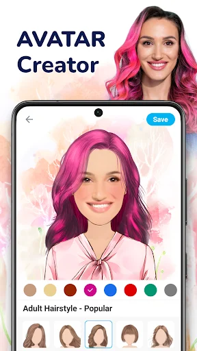 MomentCam avatar creator showing cartoon portrait with pink hair, color palette, and hairstyle options
