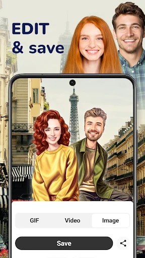 MomentCam cartoon editor showing couple in Paris setting with save options for GIF, video, and image formats