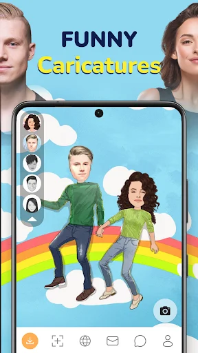 MomentCam funny caricatures feature showing two cartoon characters on rainbow background with cloud effects