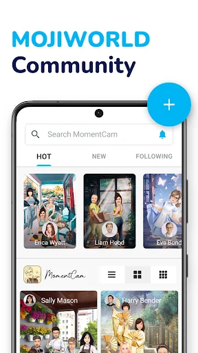 MomentCam MOJIWORLD community feed showing hot, new, and following tabs with user-created cartoon content