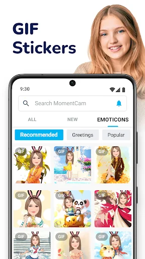 MomentCam GIF stickers browser with emoticons tab displaying personalized animated sticker collections