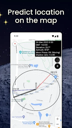 Moon Locator predicting lunar position on map view with azimuth, moon phase data, and interactive geographical tracking
