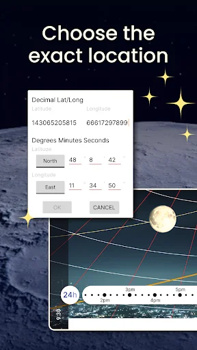 Moon Locator location selector with decimal and degrees input options for precise lunar calendar coordinates