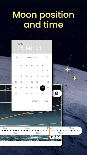 Moon Locator calendar picker selecting date and time for moon position tracking with March 2023 month view