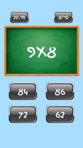 Times Tables math quiz showing 9x8 multiplication problem with four answer options: 84, 86, 72, 62