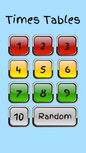 Times Tables main menu with numbered buttons 1-10 and Random option for multiplication practice selection