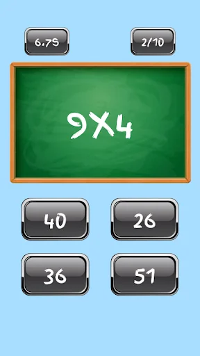 Math quiz question 9x4 with multiple choice answers 40, 26, 36, 51 and progress tracker showing 2/10
