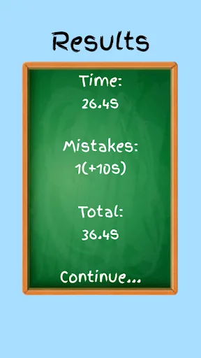 Results screen showing quiz completion time 26.4s, mistakes count, and total score for math practice