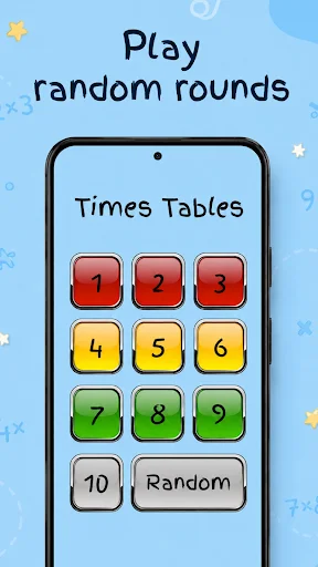Times Tables selection screen with colored buttons for choosing multiplication tables 1-10 randomly