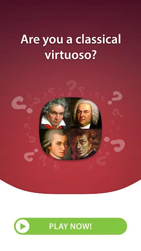 Classical Music Quiz Games home screen with 'Are you a classical virtuoso?' title, four composer portraits, and green Play Now button