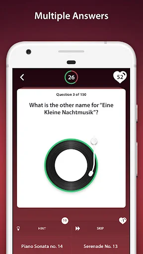 Multiple choice quiz question: 'What is the other name for Eine Kleine Nachtmusik?' with loading progress ring and hint options