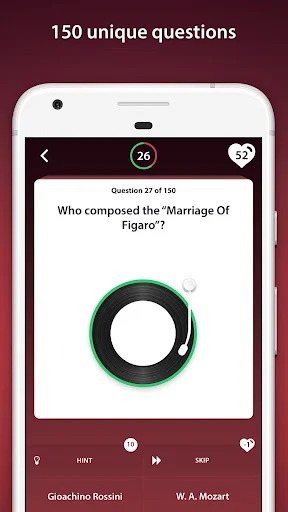 Classical Music Quiz question 27 of 150 asking 'Who composed Marriage of Figaro?' with answer hints and skip button