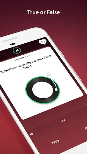 True or False question format in Classical Music Quiz Games with question prompt and answer selection options visible