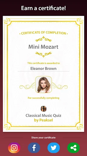 Certificate of Completion for Classical Music Quiz Games Mini Mozart achievement level with user name and social media sharing buttons