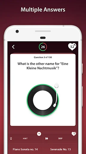 Multiple choice quiz question: 'What is the other name for Eine Kleine Nachtmusik?' with loading progress ring and hint options