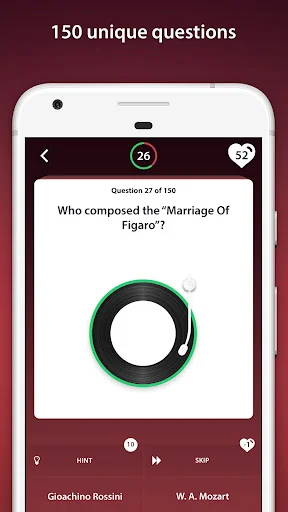 Classical Music Quiz question 27 of 150 asking 'Who composed Marriage of Figaro?' with answer hints and skip button