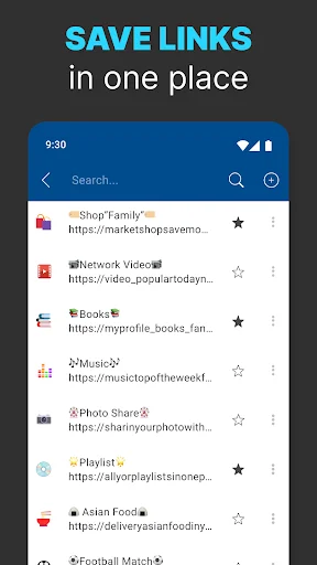 My Links app interface showing saved links list with categories like Shop Family, Network Video, Books, and Music