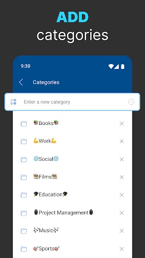 Add categories screen in My Links app displaying custom category creation with emoji icons for Books, Work, Social, Films
