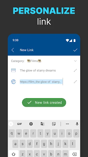 Personalize link screen showing new link creation form with category selection, title, and URL fields with keyboard