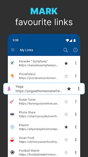 Mark favorite links feature in My Links app showing starred bookmarks including Karaoke, PizzaPalace, and Yoga links