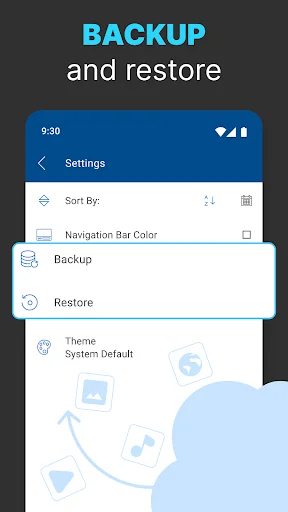 Backup and restore settings menu in My Links productivity app for saving and syncing link collections