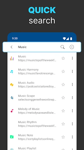Quick search functionality in My Links app filtering music-related links and bookmarks with search results